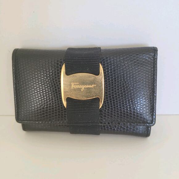 Salvatore Ferragamo Key Holder Wallet Case Leather Small Unisex Black Trifold - Picture 1 of 7